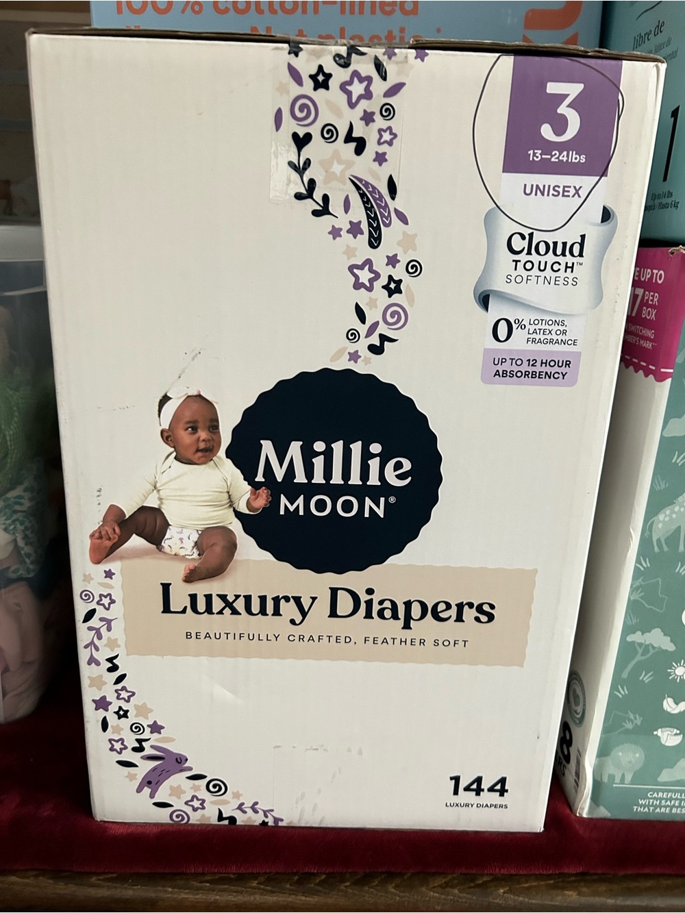 Millie Moon Kids Luxury Diapers - White & Purple (Size 3)